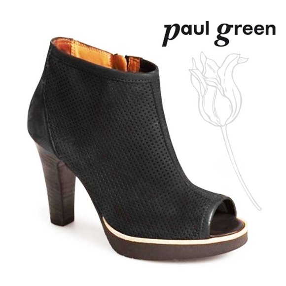 Paul Green Beacon Perforated Black Nubuck Open Toe Booties - Picture 1 of 11
